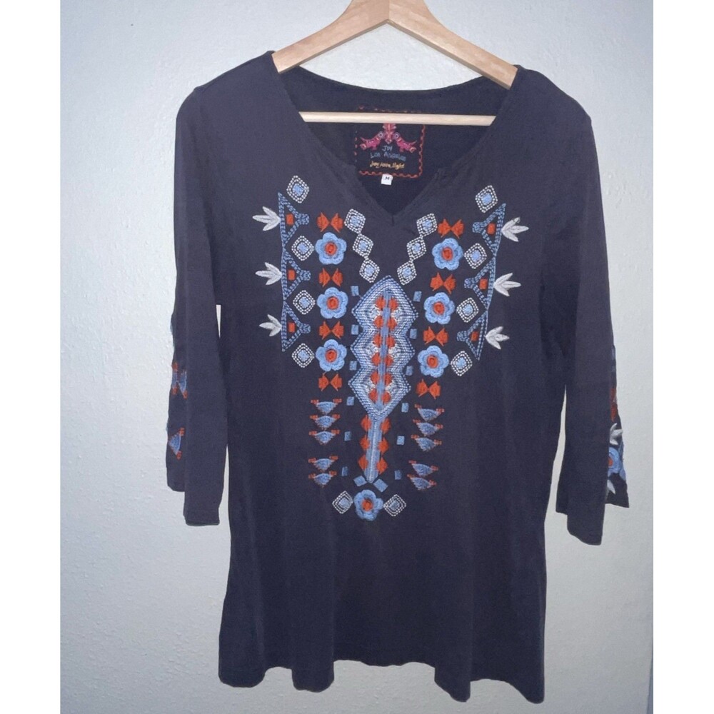 Johnny Was Los Angeles Women’s M 3/4 Sleeve Navy Embroidered Boho Tunic Top